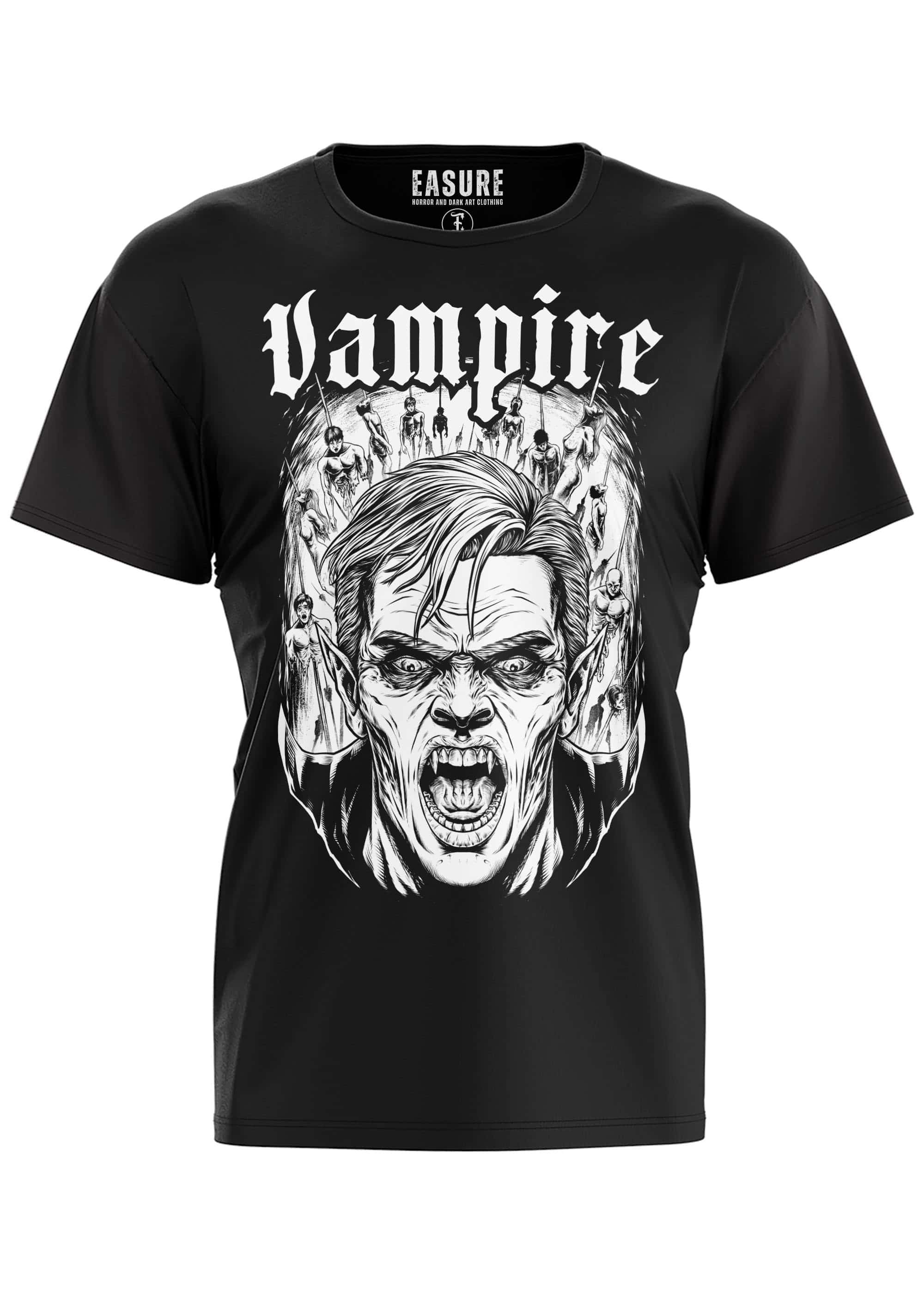 Schwarzes gothic horror t-shirt impaler mit weißem line-art vampire gesicht und gothic lettering bitte print